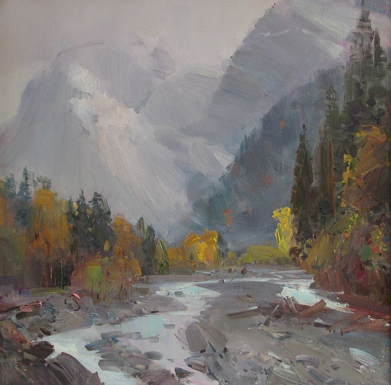 с дождём. Домбай. х.м. 50х50 2016г.